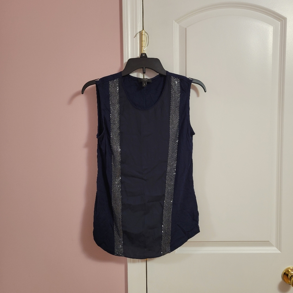 Womens J. Crew Navy Blue Sequin-Trim Sleeveless Tank Top Blouse - XS- Cocktail